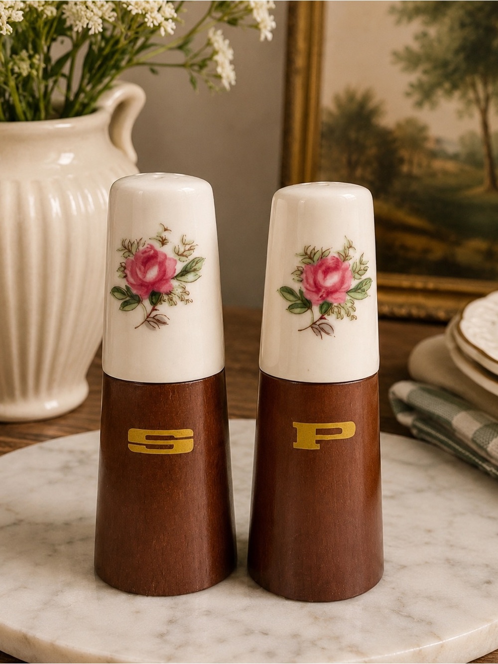 VINTAGE Japan Teak Wood Rose Porcelain Salt & Pepper Shakers Set MCM